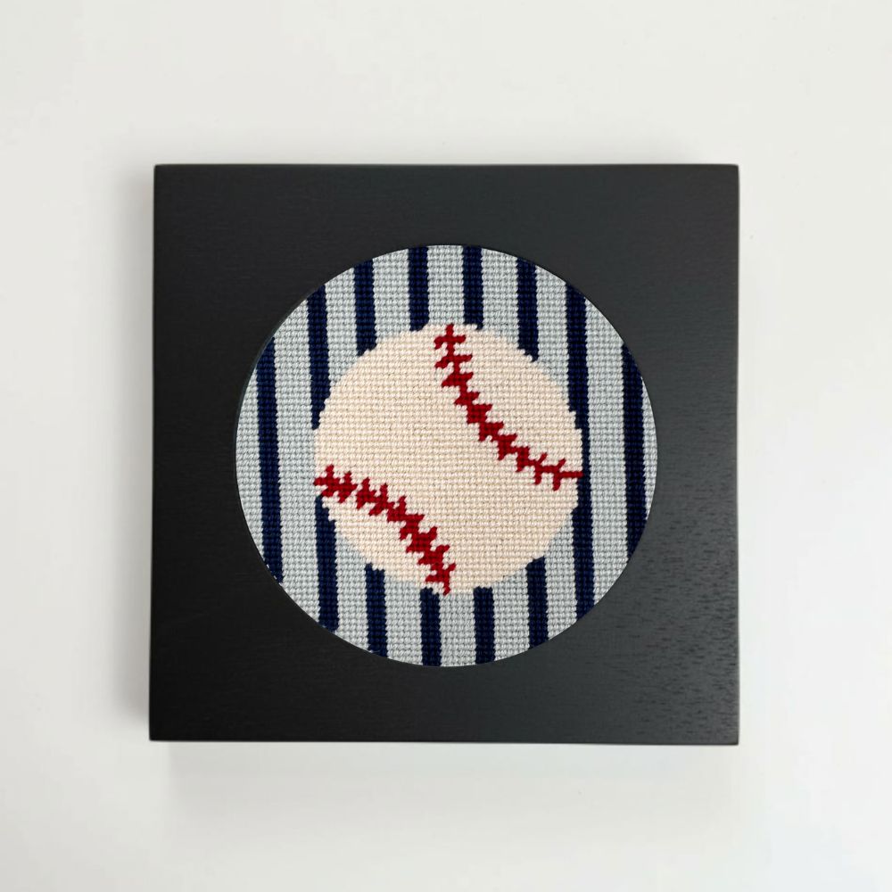 Baseball needlepoint ornament in a black frame