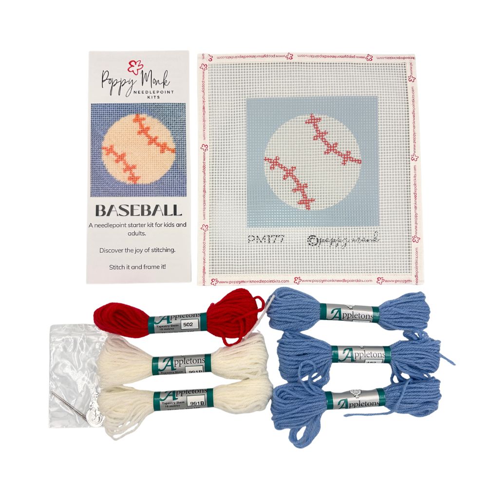 Baseball needlepoint kit contents