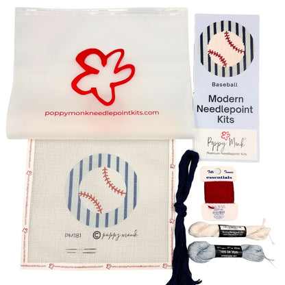 Poppy Monk baseball needlepoint kit with materials and packaging on a white background