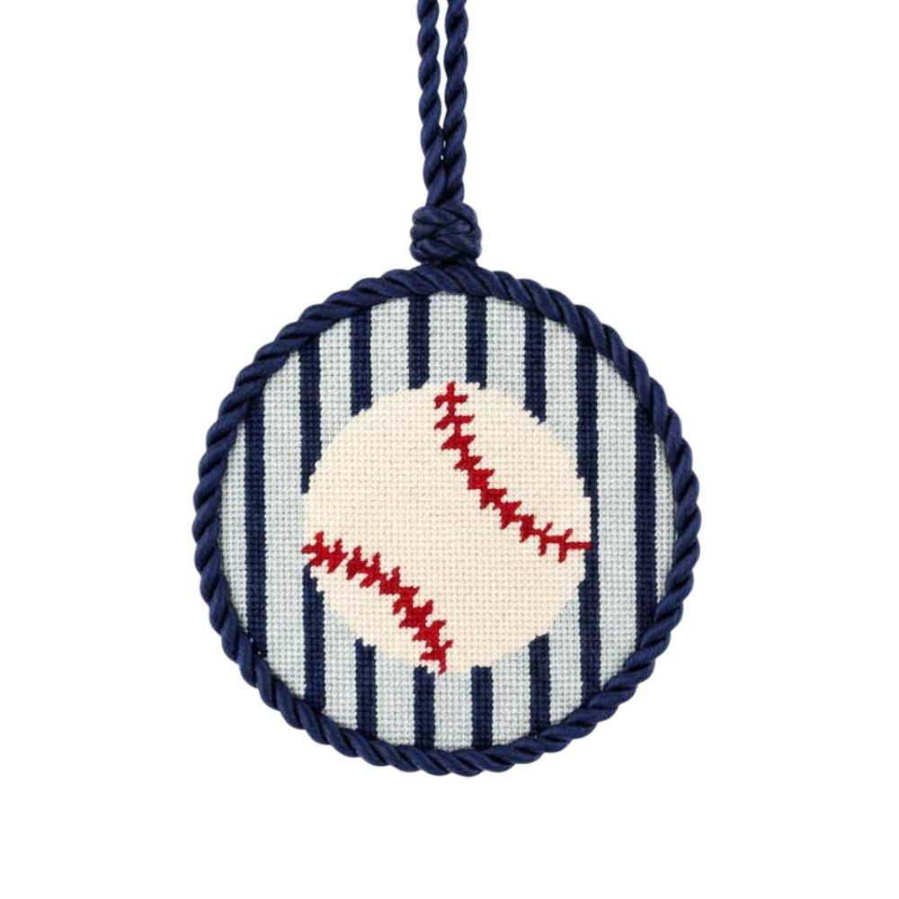 Baseball needlepoint ornament with a on a white background