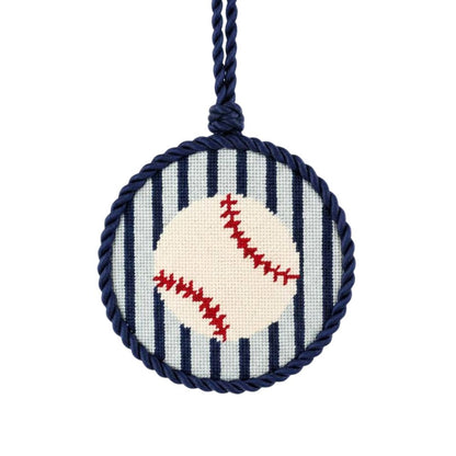 Baseball needlepoint ornament with a on a white background