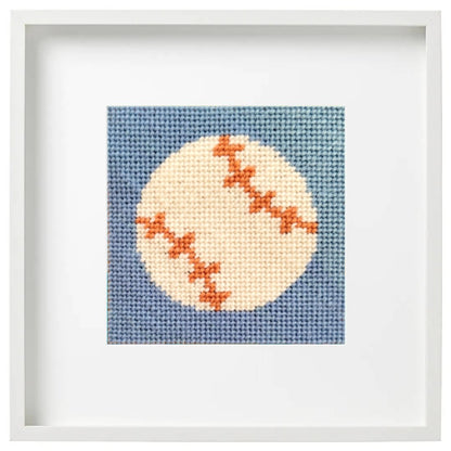Baseball needlepoint design in a white frame