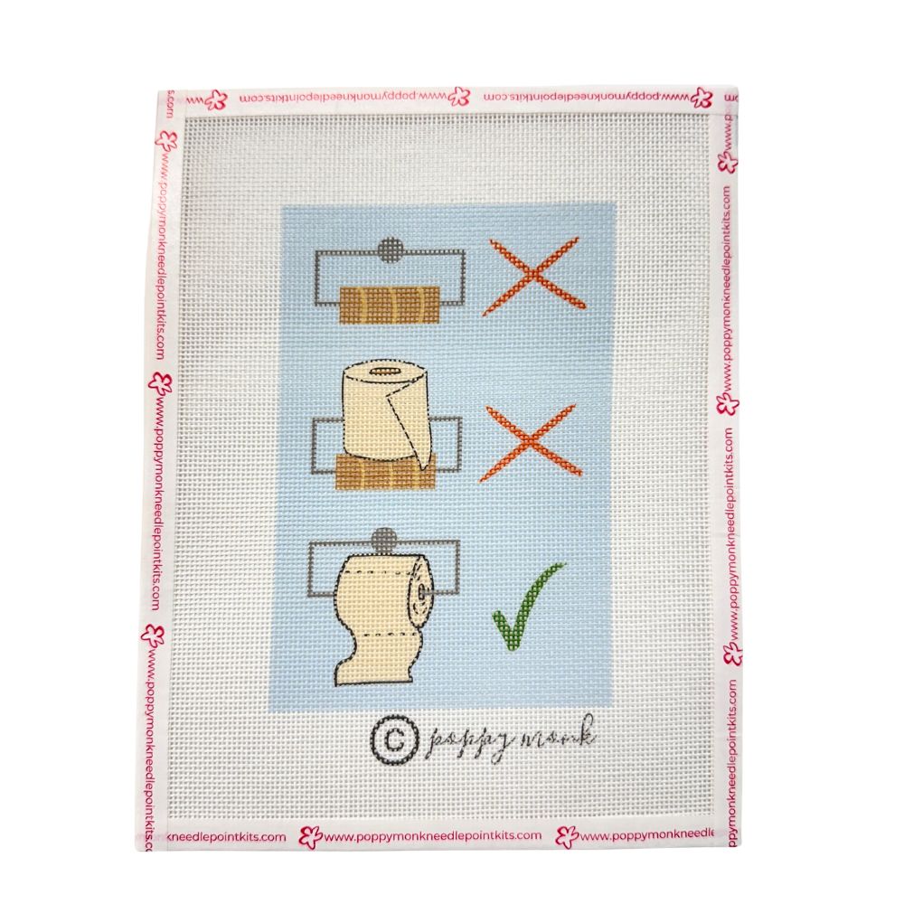 A needlepoint canvas featuring toilet peper and x and tick symbols
