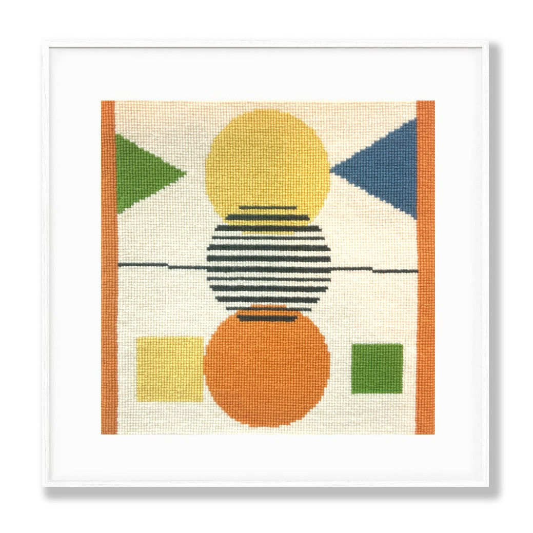 Geometric abstract design with colorful shapes on a beige background