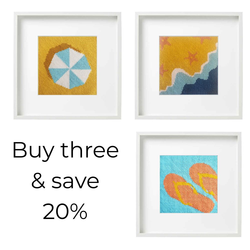 Set of three framed needlepoint artworks with promotional text on a white background