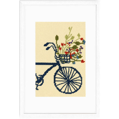 Bike and Wildflowers needlepoint design in a frame
