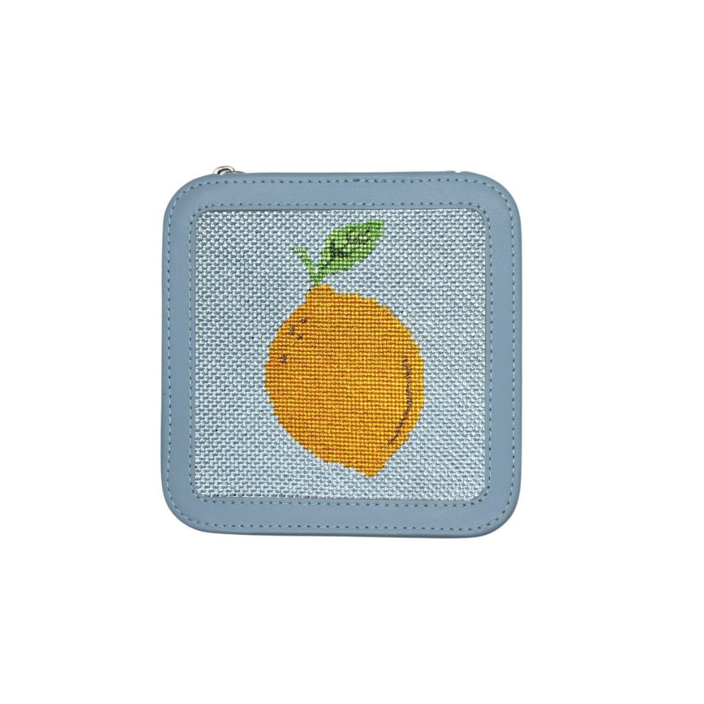 blue leather box with lemon needlepoint design