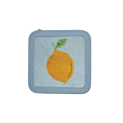 blue leather box with lemon needlepoint design