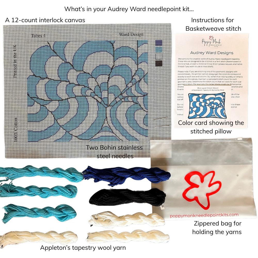 Audrey Ward needlepoint kit with materials and instructions displayed.
