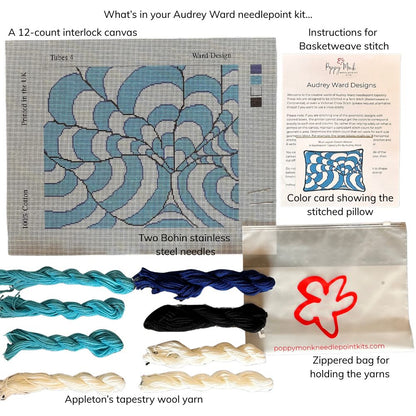 Audrey Ward needlepoint kit with materials and instructions displayed.