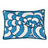 Decorative needlepoint pillow with blue and white wave pattern on a white background