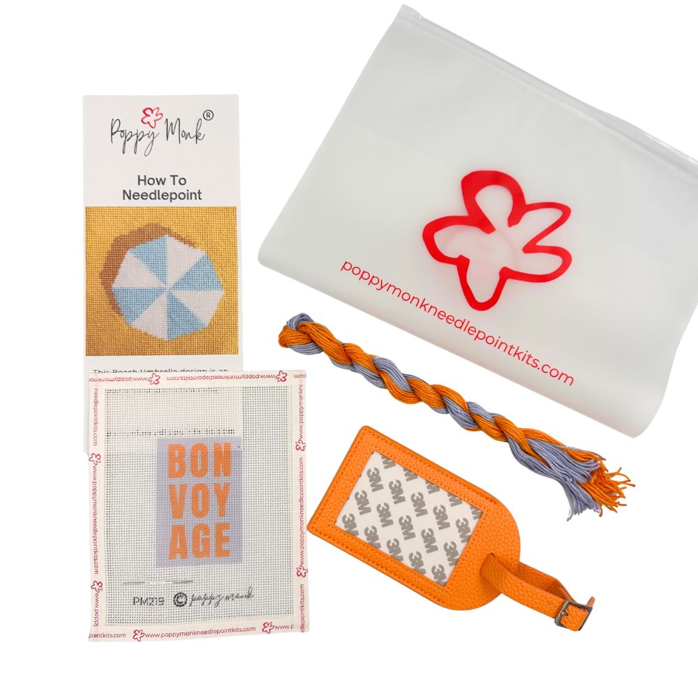 Poppy Monk needlepoint luggage tag kit with Bon Voyage canvas, threads, instructions and a bag