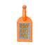 An orange textured leather luggage tag with a blue woven center panel featuring the words &