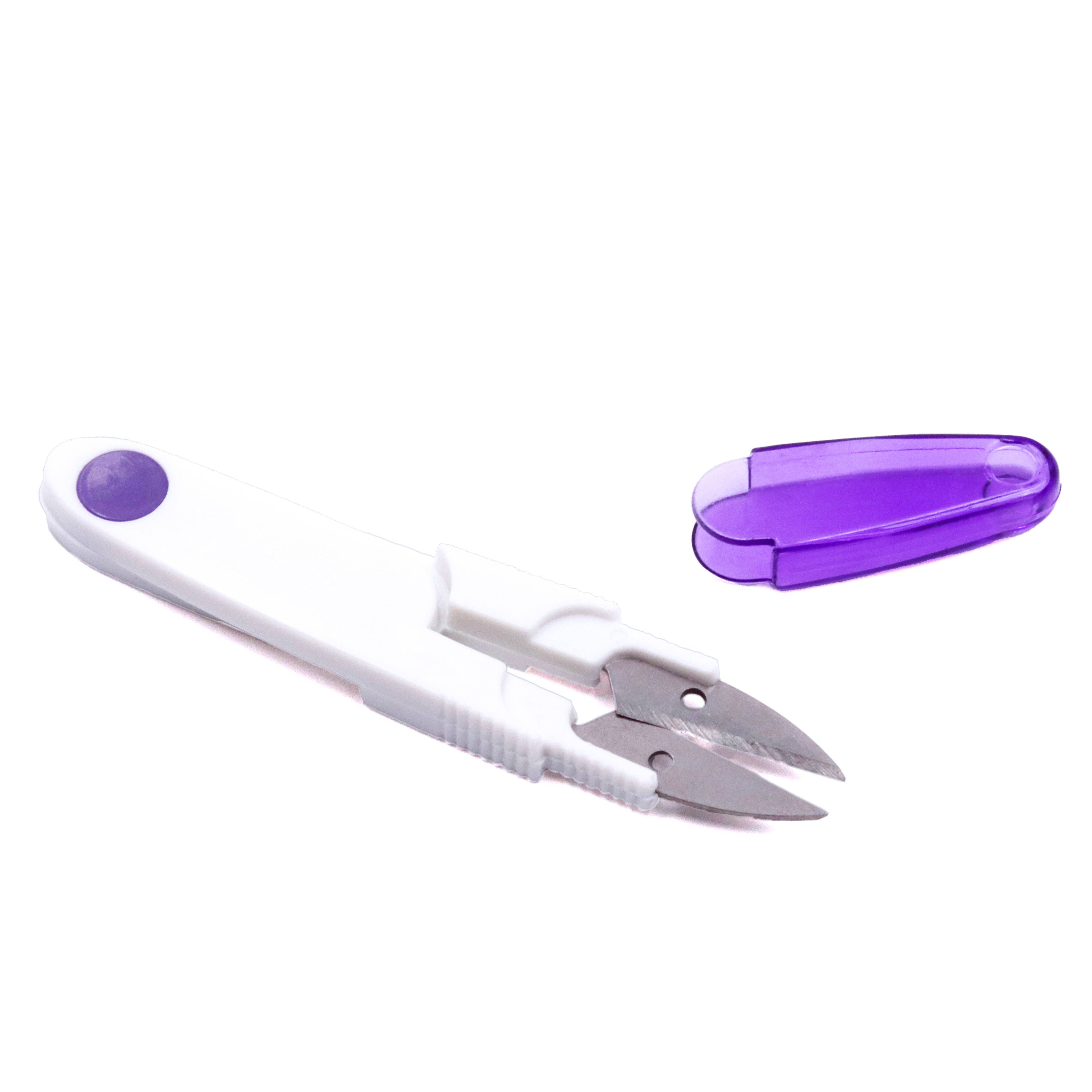 Pair of scissors with purple handles on a white background