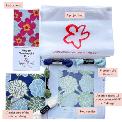 Camellias Shin Bijutsukai needlepoint kit contents