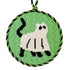halloween needlepoint ornament of a black cat in a ghost costume