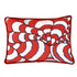 Decorative needlepoint pillow with red and white pattern on a white background