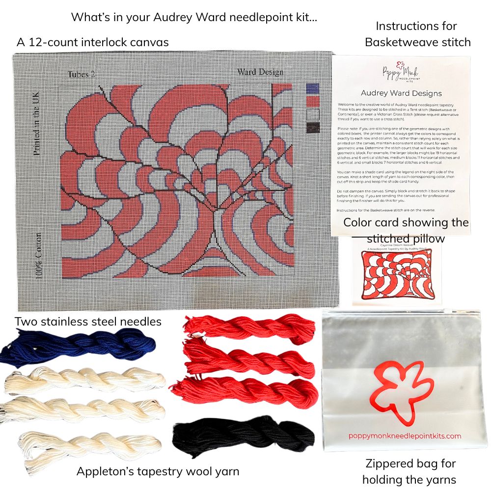 Audrey Ward needlepoint kit with interlock canvas, yarns, needles, and instructions.