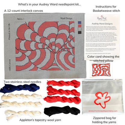 Audrey Ward needlepoint kit with interlock canvas, yarns, needles, and instructions.