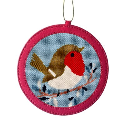 christmas robin needlepoint in a red leather holder