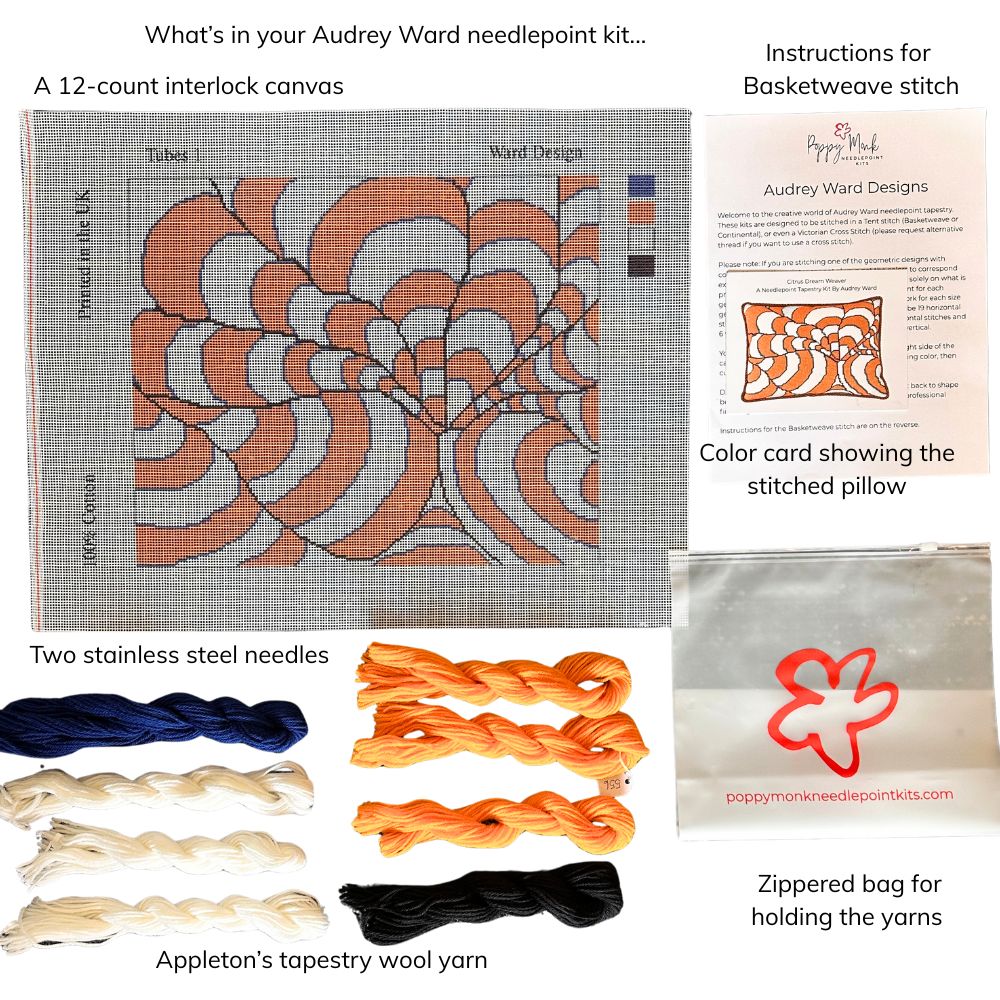 Audrey Ward needlepoint kit contents including canvas, yarns, needles, and instructions.