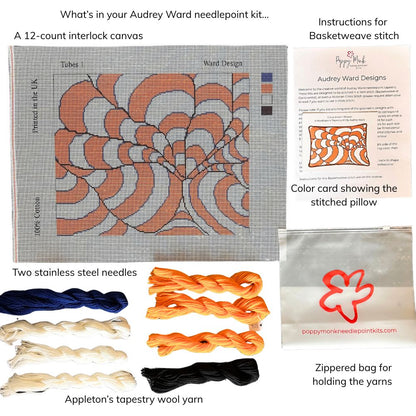 Audrey Ward needlepoint kit contents including canvas, yarns, needles, and instructions.