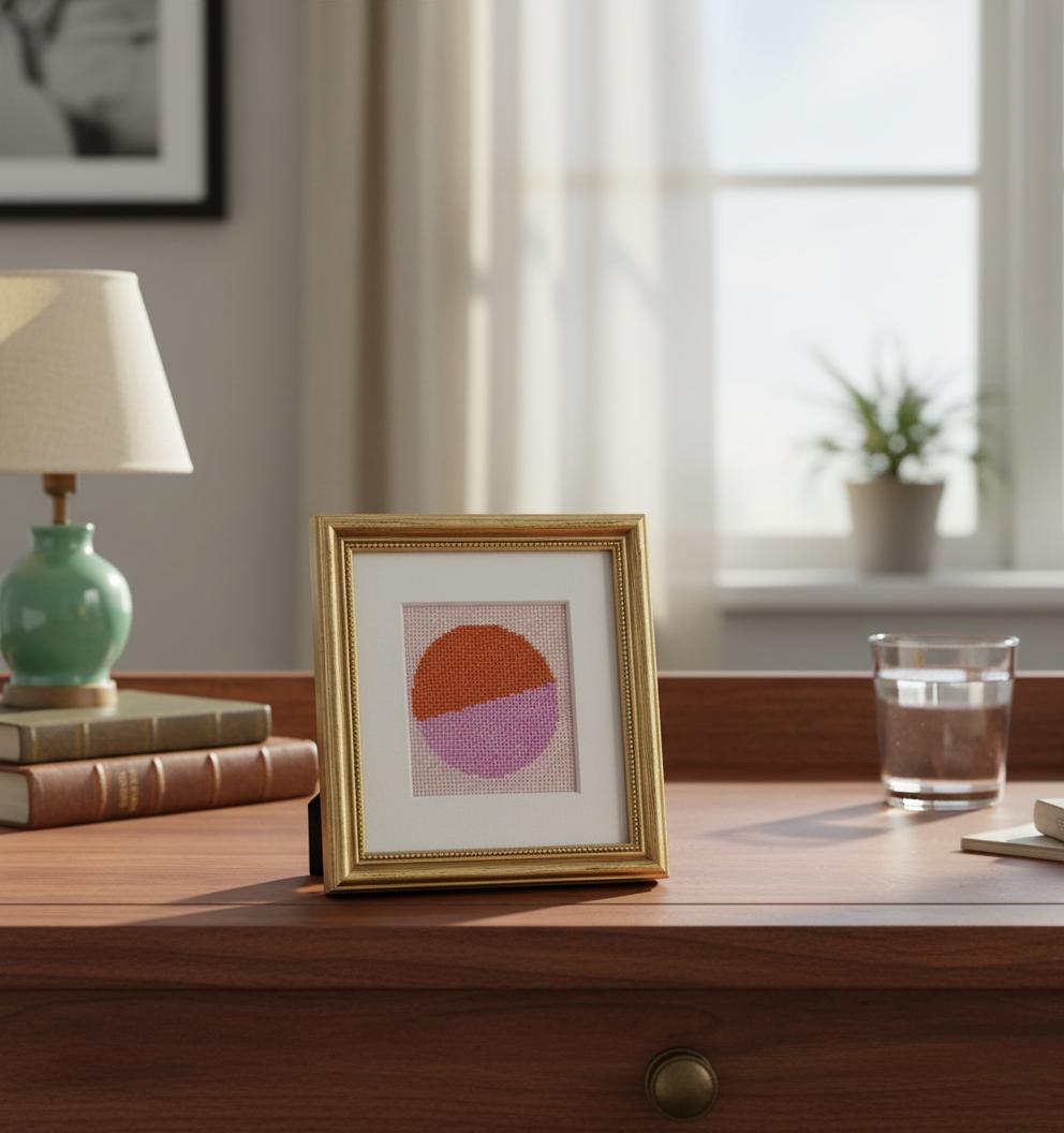 Framed needlepoint citrus pink circle on a wooden desk with books, lamp, and glass in the background