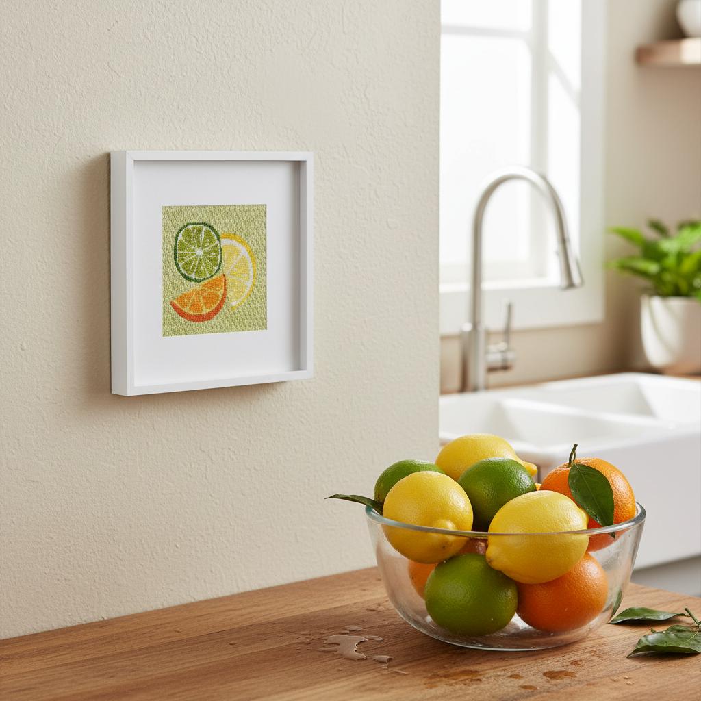 Framed needlepoint citrus design hanging on a kitchen wall