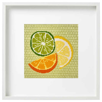 needlepoint design with slices of lime, lemon, and orange
