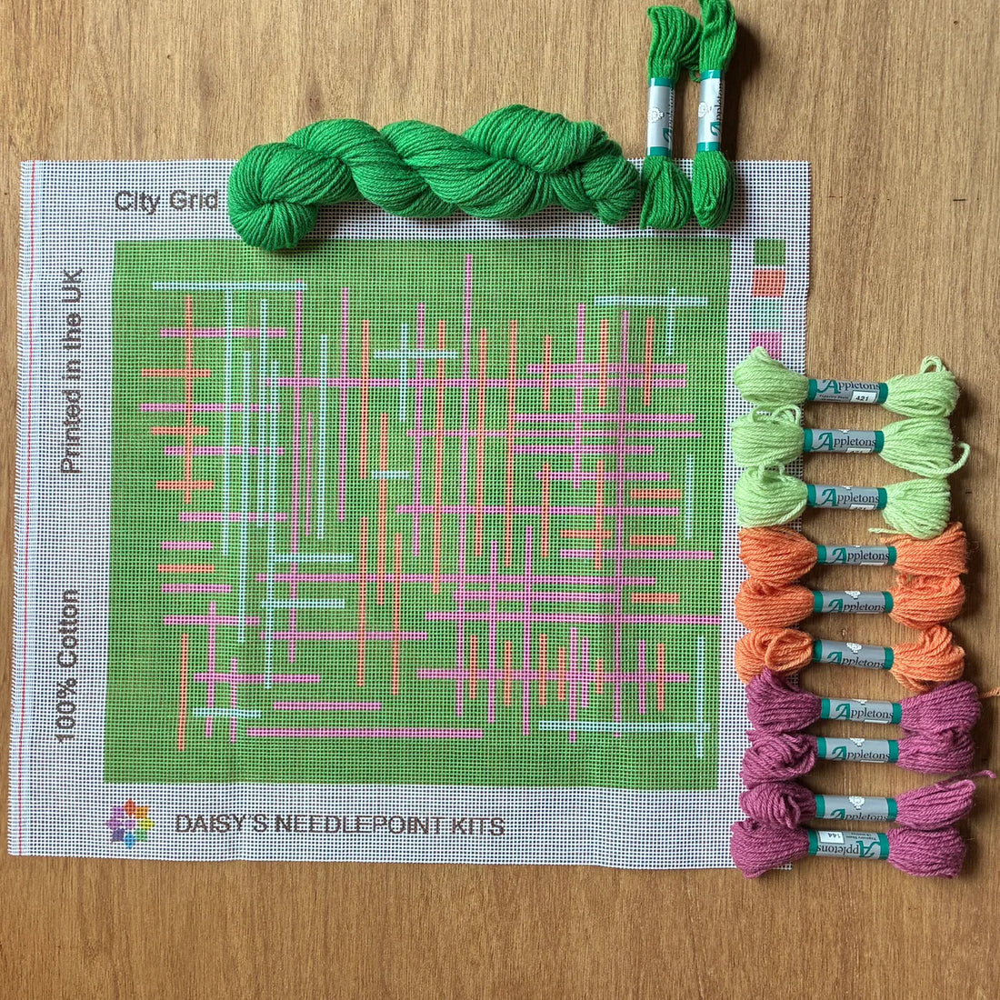 A needlepoint pillow kit of geometric lines on a green background