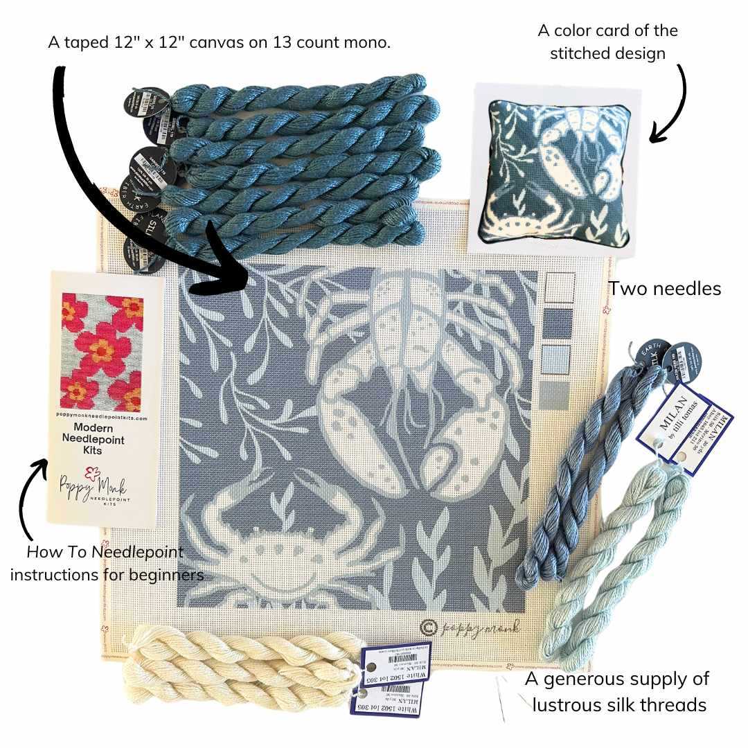 Coastal Blue needlepoint pillow kit in blue and white silk threads.