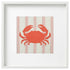 Framed needlepoint picture of a coral crab on a striped background
