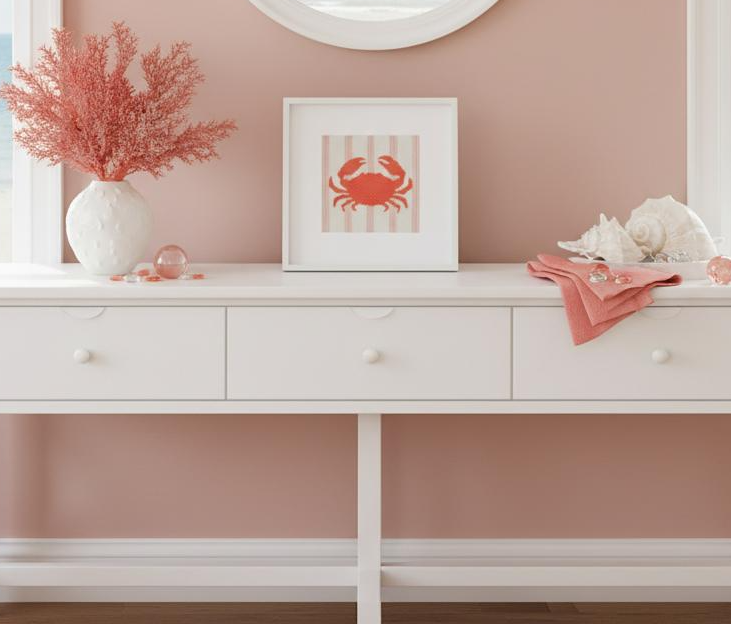White dresser with decorative items including a vase with pink flowers, a framed picture of a crab, and a pink towel against a pink wall.