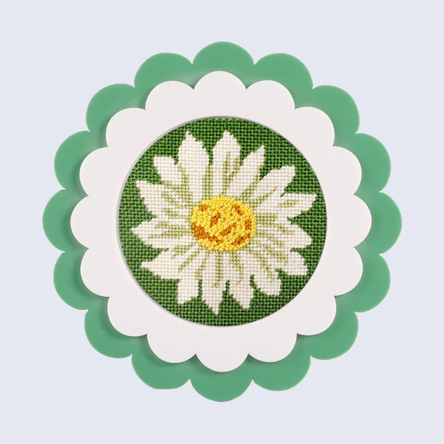 Daisy round needlepoint design in a green frame