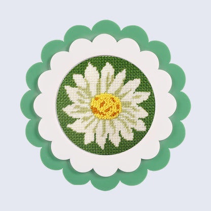 Daisy round needlepoint design in a green frame