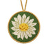 Decorative needlepoint ornament with a white flower on green fabric, gold frame, and yellow center.