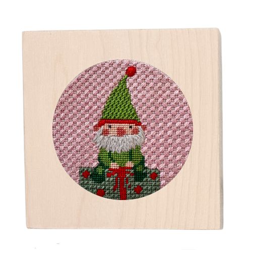 Square wooden frame with elf needlepoint white