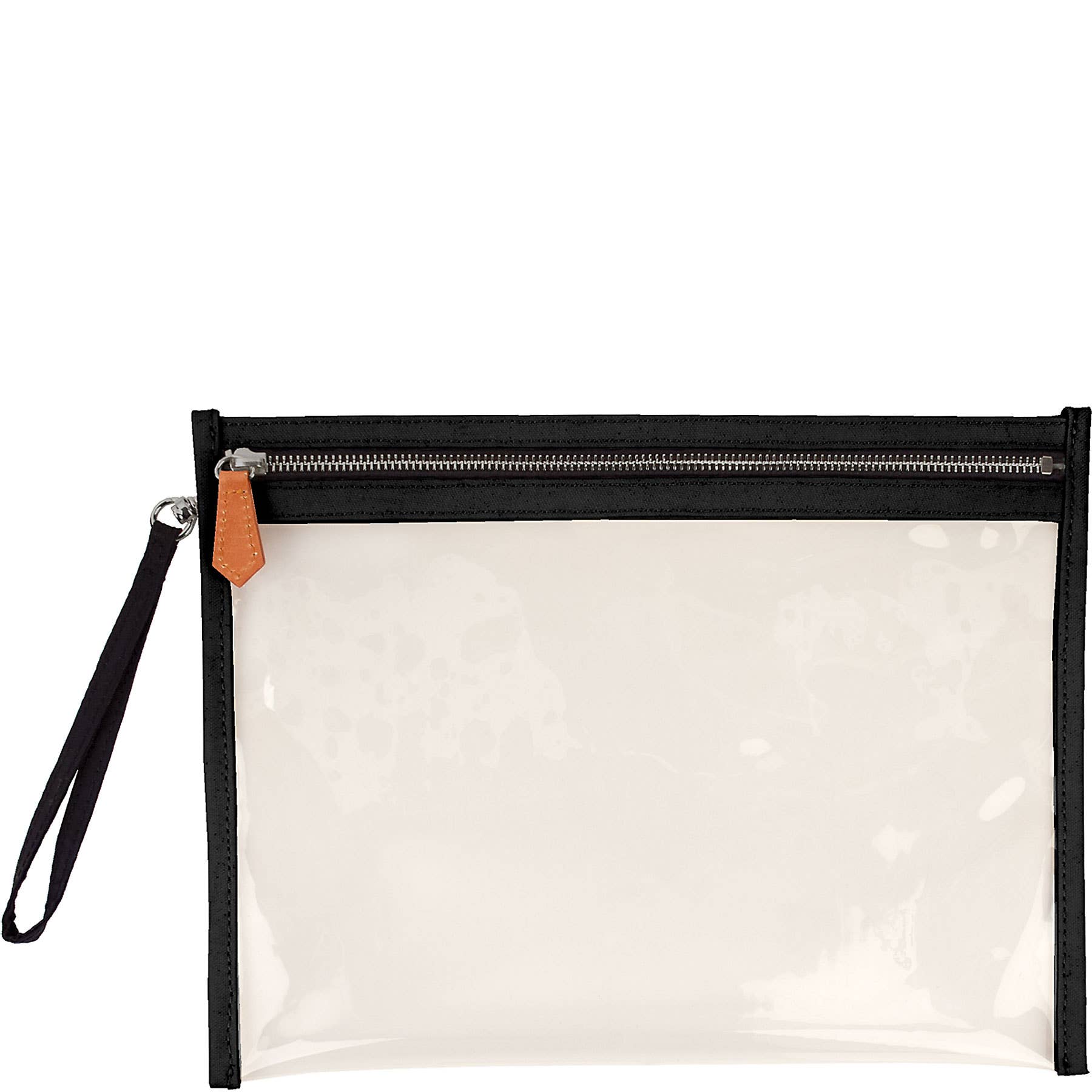 Clear pouch with black border and brown leather zipper pull on a white background
