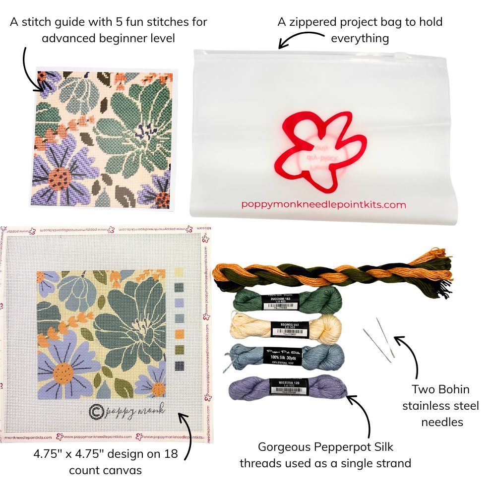 Poppy Monk needlepoint kit with stitch guide, project bag, canvas, threads, and needles on a white background.