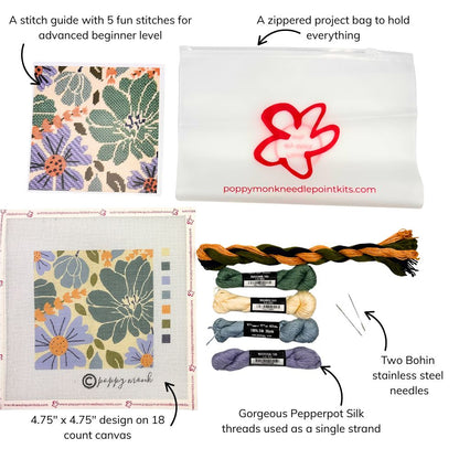 Poppy Monk needlepoint kit with stitch guide, project bag, canvas, threads, and needles on a white background.