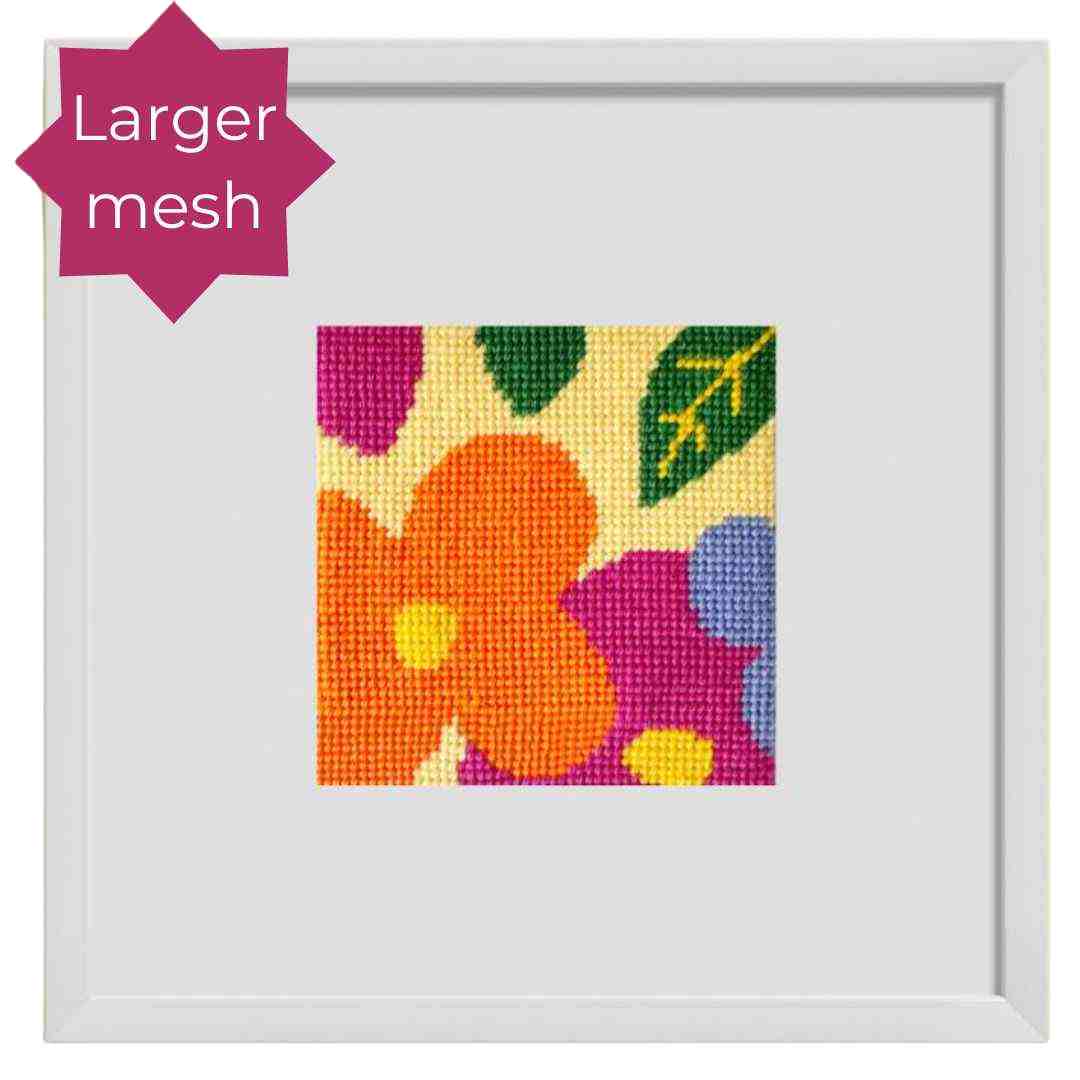 Floral beginner needlepoint kit easy to stitch and see on larger mesh.