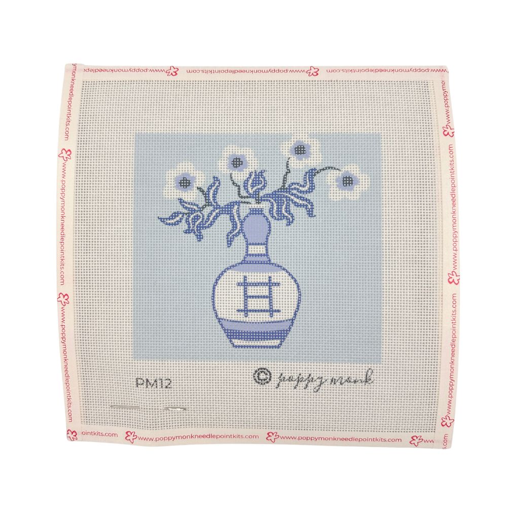 Needlepoint canvas design of a blue vase with flowers on a light blue background | 5" x 5"| 18 count canvas