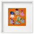 A framed needlepoint design of ghsots at a party