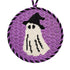 A halloween needlepoint ornamentof a ghost dressed up as a witch