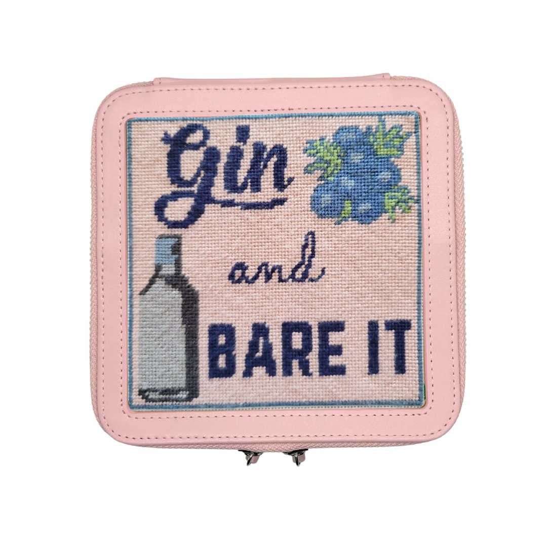 Gin and Bare It needlepoint design in pink leather box.