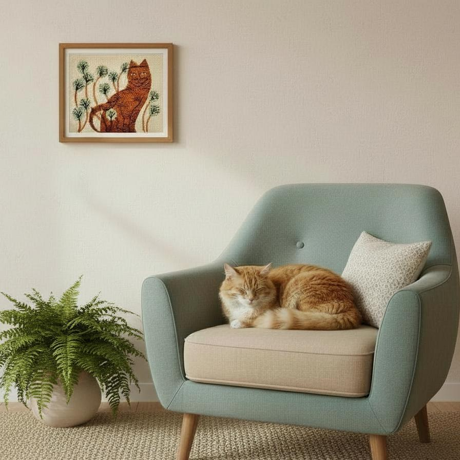 Picture on the wall of a cat and a ct sleeping on a chair