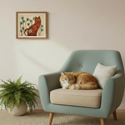 Picture on the wall of a cat and a ct sleeping on a chair