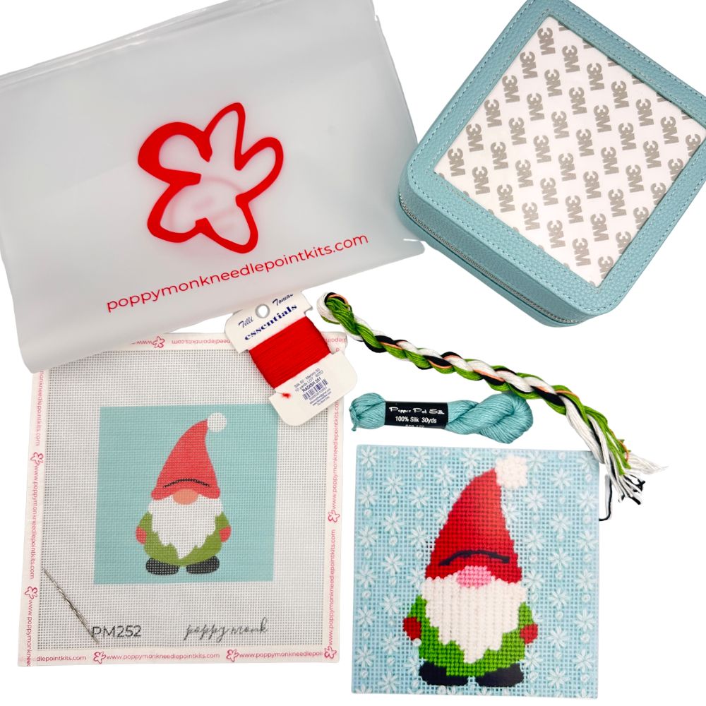 Gnome needlepoint kit with threads and a box