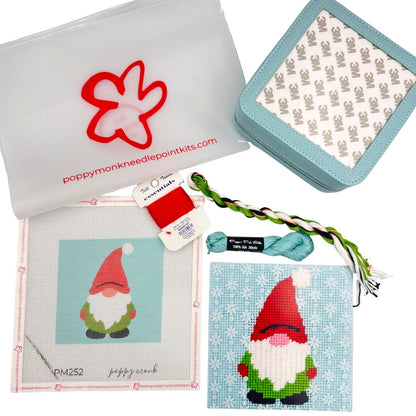 Gnome needlepoint kit with threads and a box