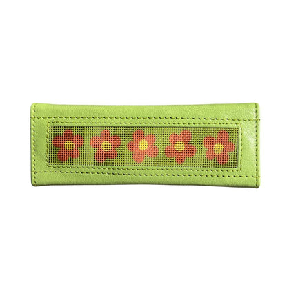 Lime Green leather glasses case with needlepoint insert